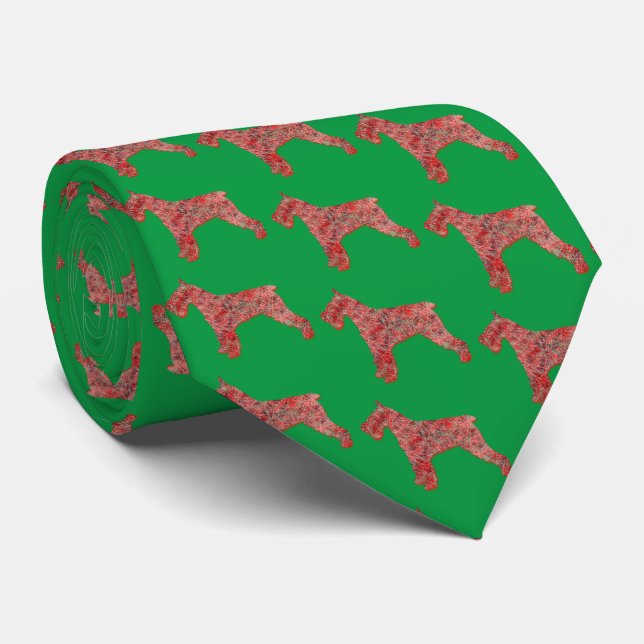 Corbata verde con silueta de perro Schnauzer en Na (Enrollado)