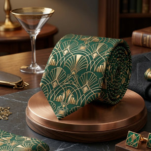 Corbata Verde Esmeralda Dorado Art Deco Gatsby Geométrico