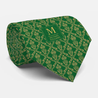 Corbata Verde Esmeralda y Dorado Patrón Damask Sin Costura