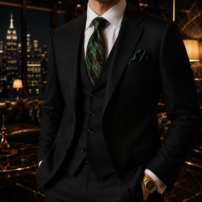 Corbata Verde Esmeralda y Oro Negro Art Deco (Subido por el creador)