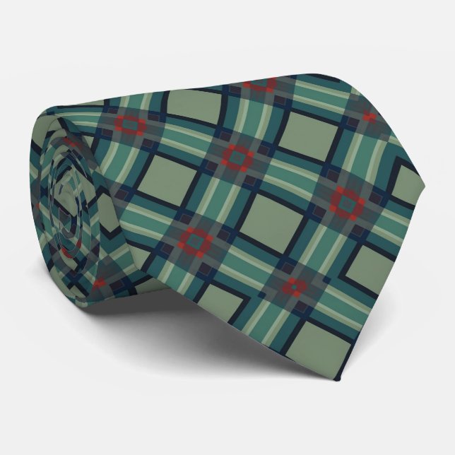 Corbata Verde Salvia Sofisticado y Plaid Geométrico de Azu (Enrollado)