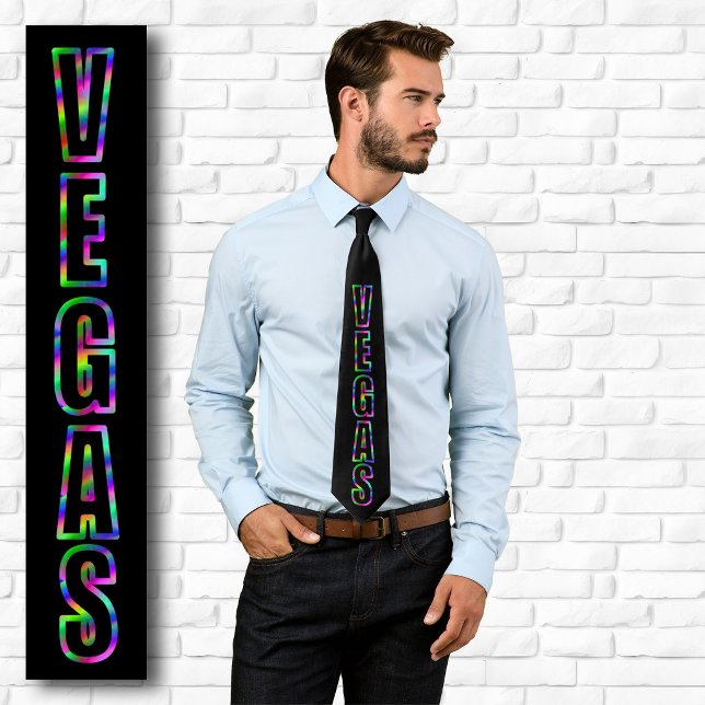 Corbata Vertical VEGAS Gráfico de Neón Negro (Vertical VEGAS Neon Graphic Black Tie)
