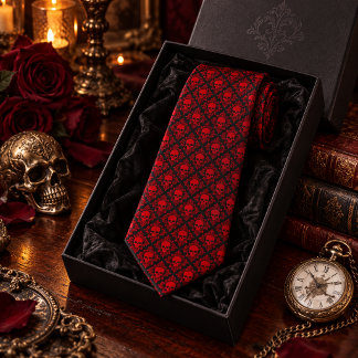Corbata Victoriano Gótico Cráneos Rojo Negro Vintage 