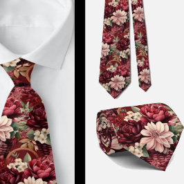 Corbata Vino Borgoña Boho Flores Acuarela