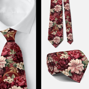 Corbata Vino Borgoña Boho Flores Acuarela