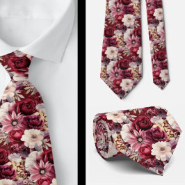 Corbata Vino Burgundy Flores Acuarela Boho