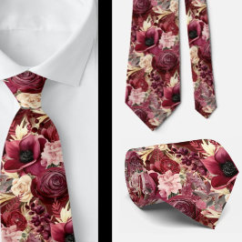 Corbata Vino Burgundy Flores Acuarela Boho