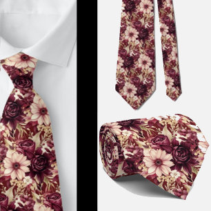 Corbata Vino Burgundy Flores Acuarela Boho