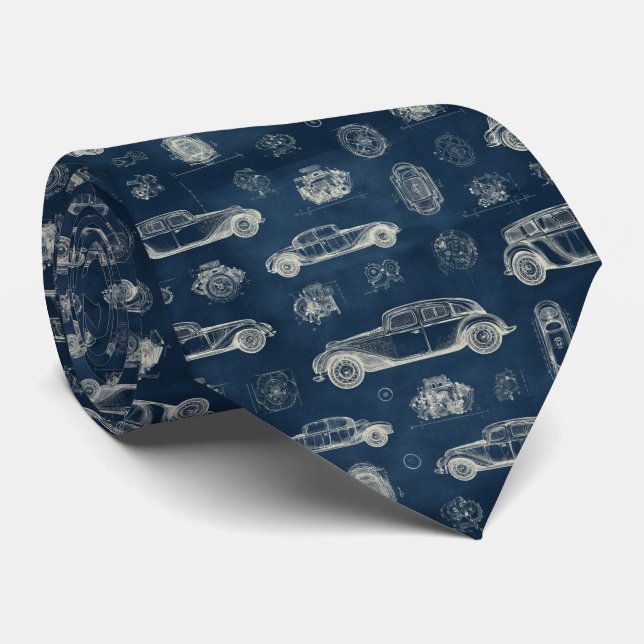 Corbata Vintage Car Blueprint Pattern (Enrollado)