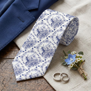 Corbata vintage con molino de viento azul Delft