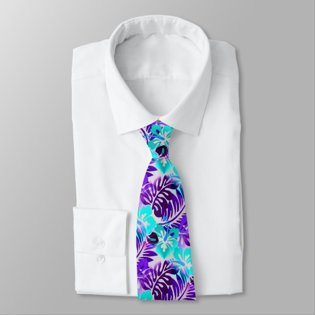 Corbata Violeta azul con motivos floridos de Hawái (Atado)