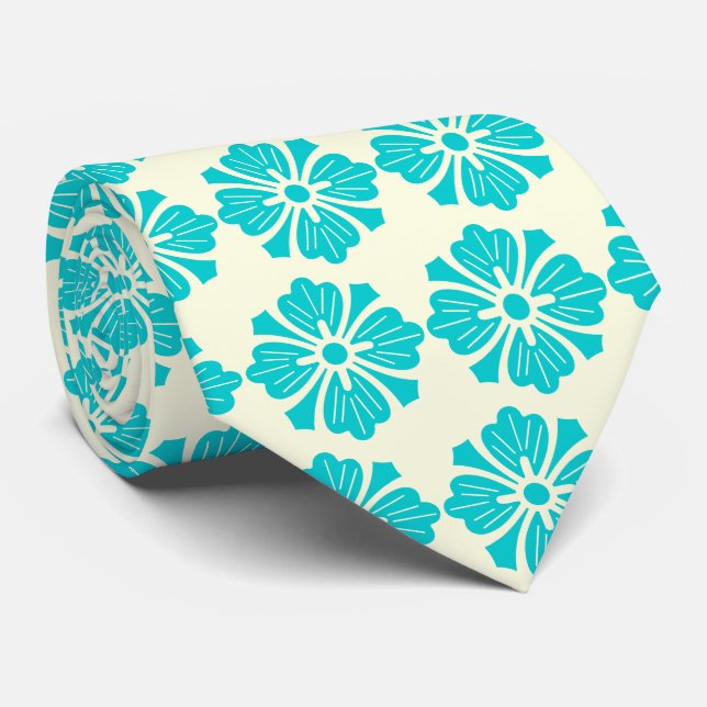 Corbata Wallstreet Hibiscus Foulard Ecru & Turq Two-Side (Enrollado)