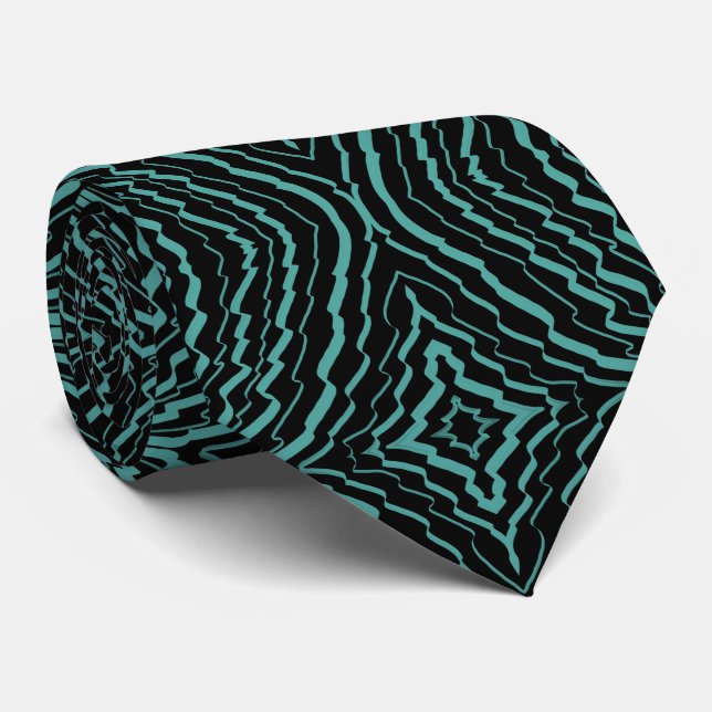 Corbata Wavy Tilted Ribbon Pattern With Teal On Black      (Enrollado)