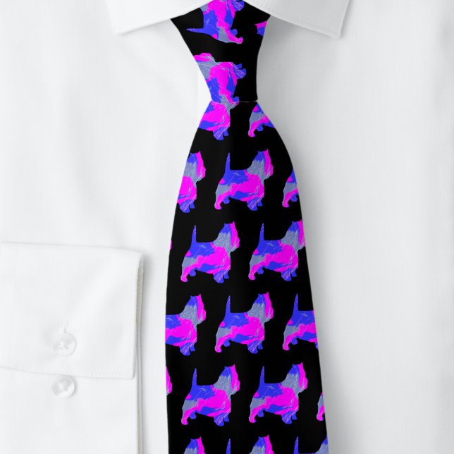 Corbata West Highland Westier Terrier Silueta Rosa Negra (West Highland White Terrier / Westie dog silhouette pattern on black tie)