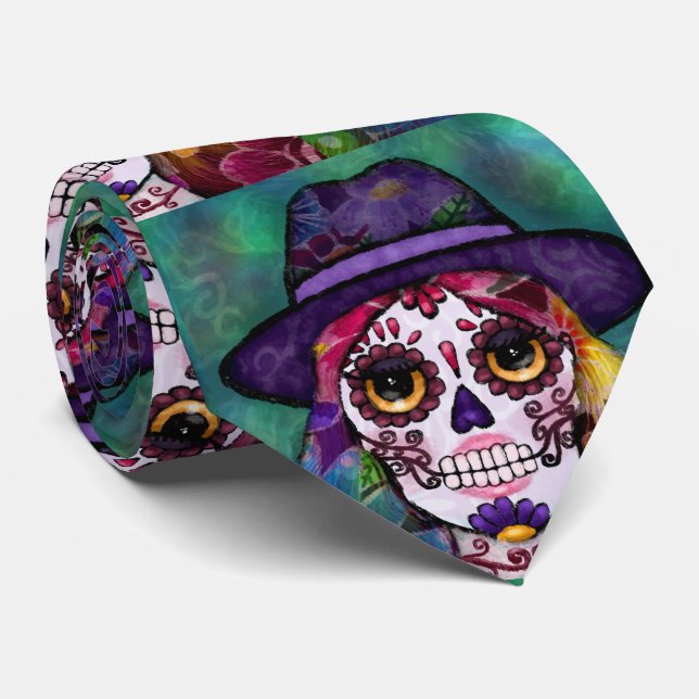 Corbata Whimsical Abstract Floral Hippie Sugar Skull (Enrollado)