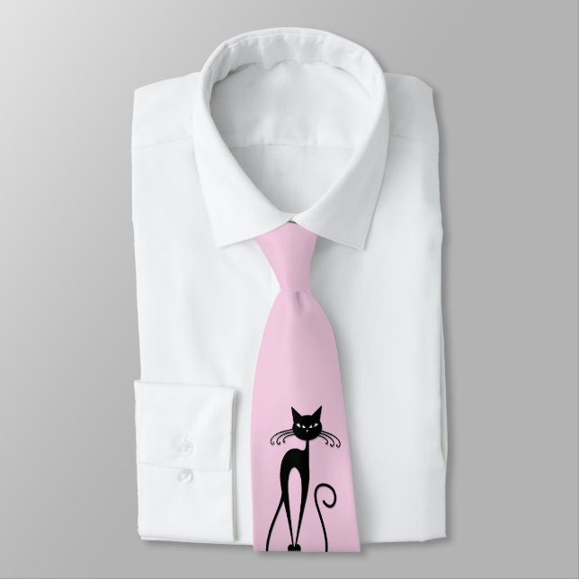 Corbata Whimsical Skinny Black Cat Rosa (Atado)