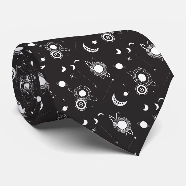 Corbata White black celestial sun moon galaxy pattern (Enrollado)