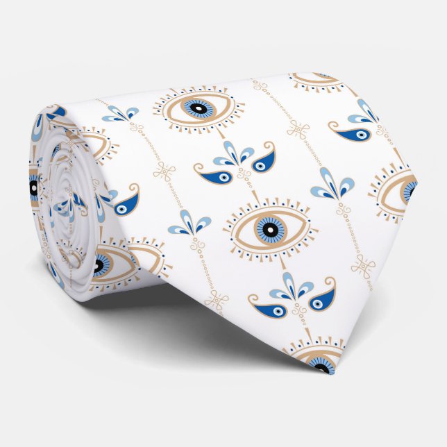 Corbata White bohemian retro evil eye pattern (Enrollado)