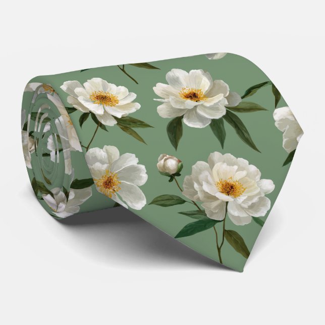 Corbata White Peony Floral Pattern (Enrollado)