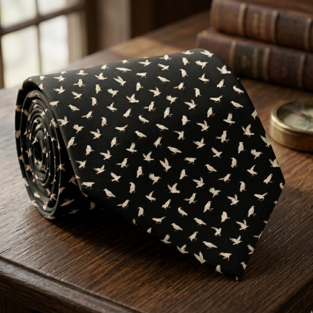 Corbata White Raven Bird Pattern – Gothic Groom Gift (White raven gothic black neck tie)
