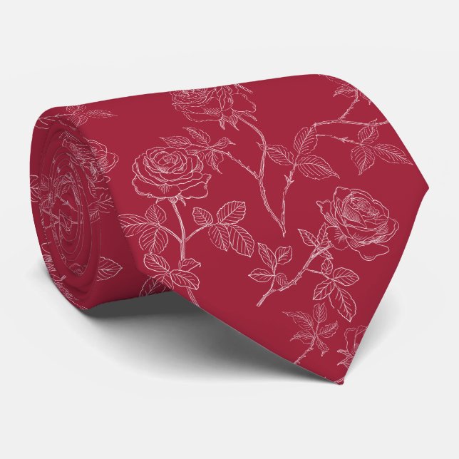 Corbata White roses on burgundy (Enrollado)