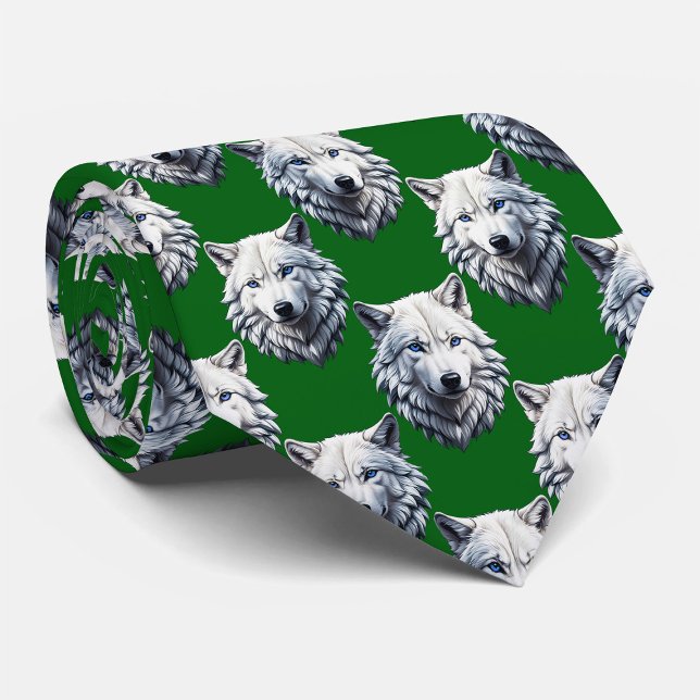 Corbata White Wolf Head Pattern Design Green  (Subido por el creador)