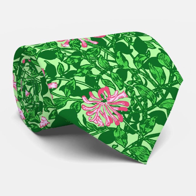 Corbata William Morris Honeysuckle, rosa y verde (Enrollado)