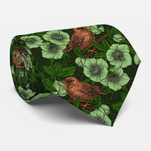 Corbata Wren y hellebore en verde oscuro