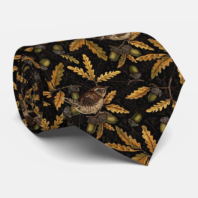 Corbata Wrens y bellotas sobre negro (Enrollado)