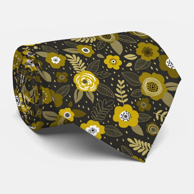 Corbata Yellow black elegant ditsy floral pattern (Enrollado)