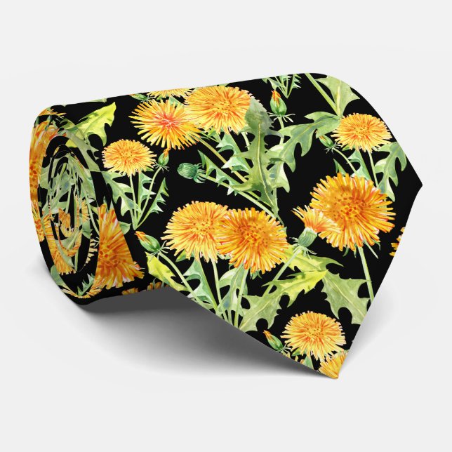 Corbata Yellow Dandelion Flowers on Black (Enrollado)