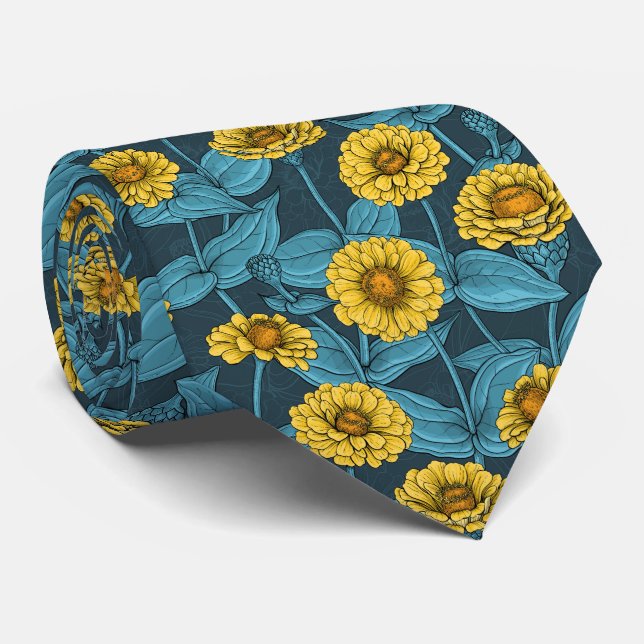 Corbata Zinnias amarillas en azul oscuro (Enrollado)