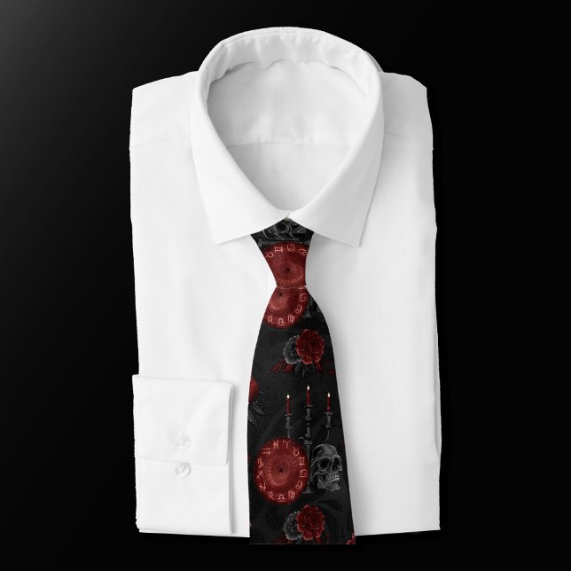 Corbata Zodiac Magic | Poción Henna Red Gothic Skull Rosas (Subido por el creador)