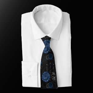 Corbata Zodiac Magic   Rosas de cráneo gótico azul de la M