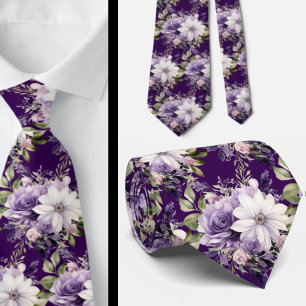 Corbatas Elegantes de Floral Púrpura y Blanco
