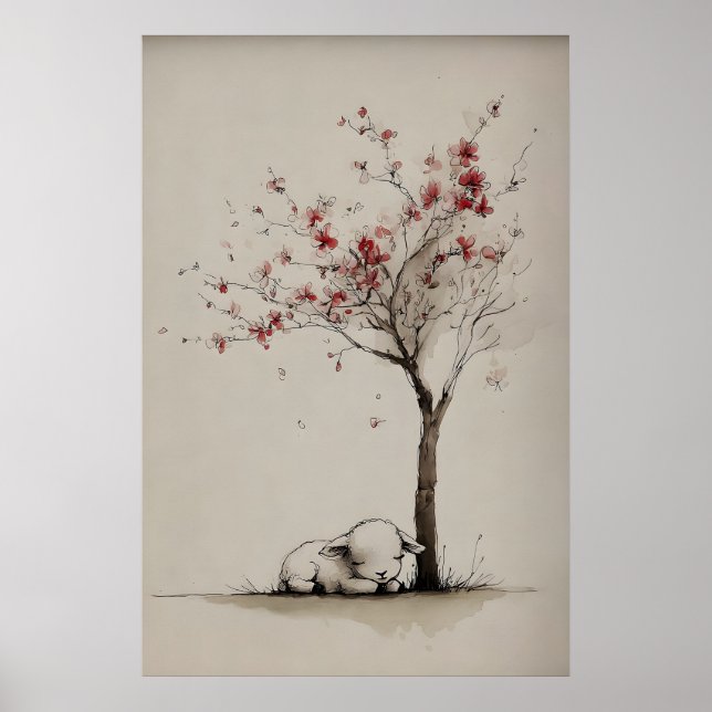 Cordero un árbol floreciendo Arte Imprimible, Mini (Frente)