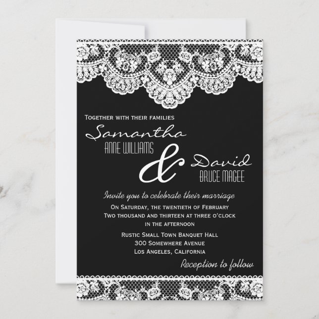 Cordón blanco e invitación negra de la boda (Anverso)