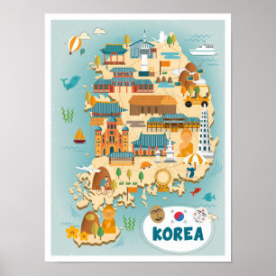 Corea del Sur Mapa Ilustracion de viajes de arte