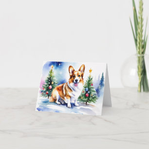 Corgi acuarela en granja de árboles de Navidad