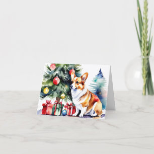 Corgi acuarela frente al árbol de Navidad