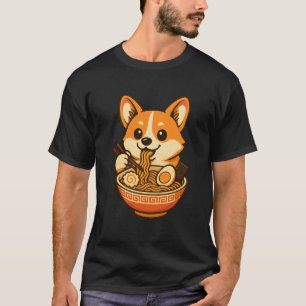 Corgi Adorable Comiendo Ramen ,Diseño de Camiseta
