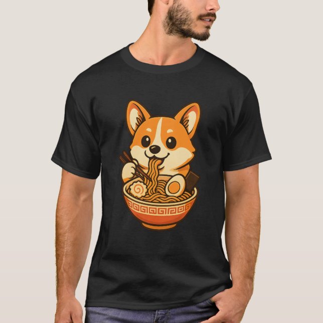 Corgi Adorable Comiendo Ramen ,Diseño de Camiseta  (Anverso)