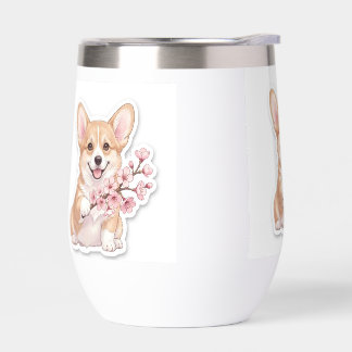 Corgi Adorable con Rama de Flor de Cerezo
