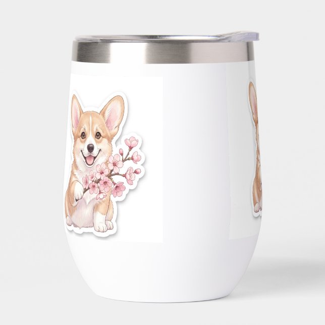 Corgi Adorable con Rama de Flor de Cerezo (Izquierdo)