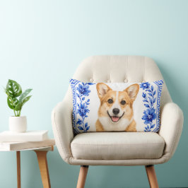 Corgi Azul y Blanco Almohada Chinoiserie