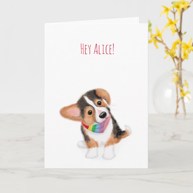 Corgi cachorro hey tarjeta personalizada arcoiris (flor amarilla)