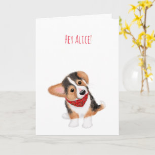 Corgi cachorro pensando en tu tarjeta personalizad
