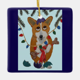 Corgi con adornos de Navidad rotos