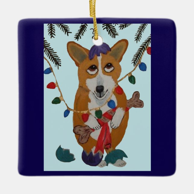 Corgi con adornos de Navidad rotos (Anverso)