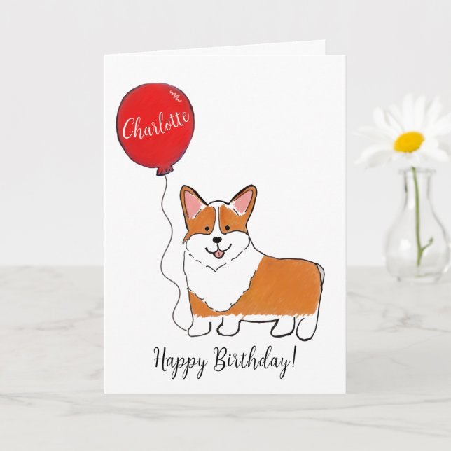 Corgi con tarjeta de cumpleaños de globo (Planta pequeña)